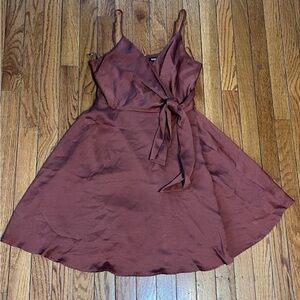 Sleeveless Wrap Satin Dress in Rust Express Breastfeeding Friendly Wedding Guest